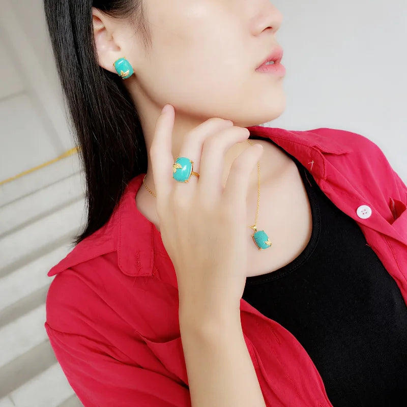 Genuine Solid Sterling Silver 925 Jewelry Set Antique Bohemia Ethnic Accessories For Women With Natural Stone Jewelry