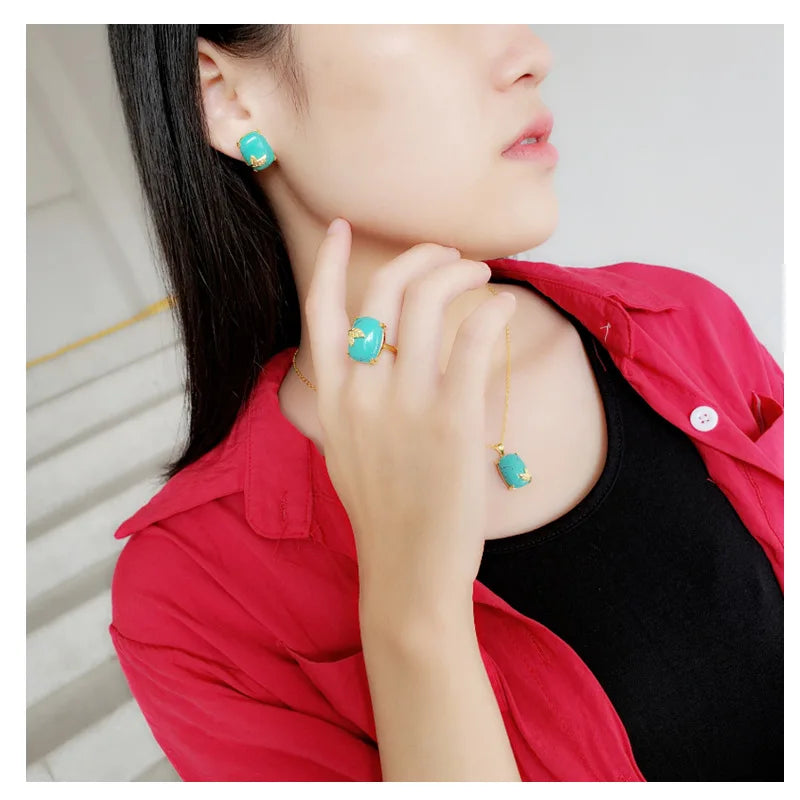 Genuine Solid Sterling Silver 925 Jewelry Set Antique Bohemia Ethnic Accessories For Women With Natural Stone Jewelry