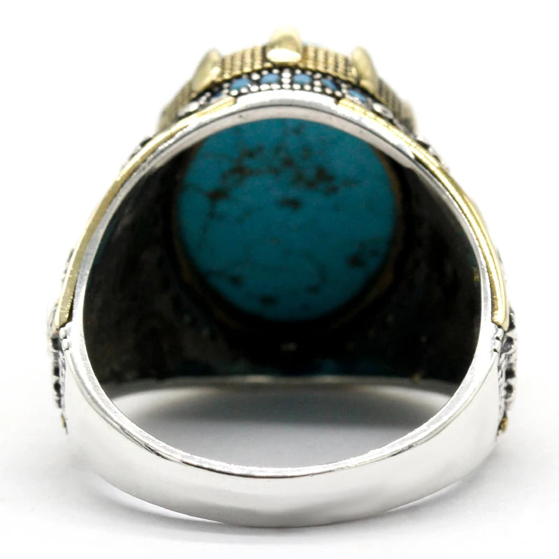 Classic Natural Turquoise Ring Vintage 925 Silver Men's Rings Gold Plated Prong Setting AAA Zircon Stone Wedding Bands Jewelry