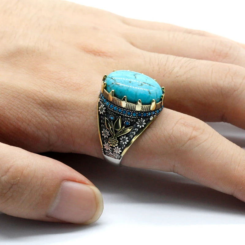 Classic Natural Turquoise Ring Vintage 925 Silver Men's Rings Gold Plated Prong Setting AAA Zircon Stone Wedding Bands Jewelry