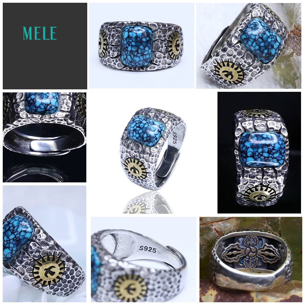Natural Boutique Turquoise 8*10mm square ring 925 silver Retro Open able ring