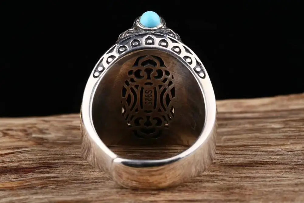Sterling Silver Transit Ring S925 Men and Women Retro Style Dzi Bead Six Words Mantra Open Silver Ring
