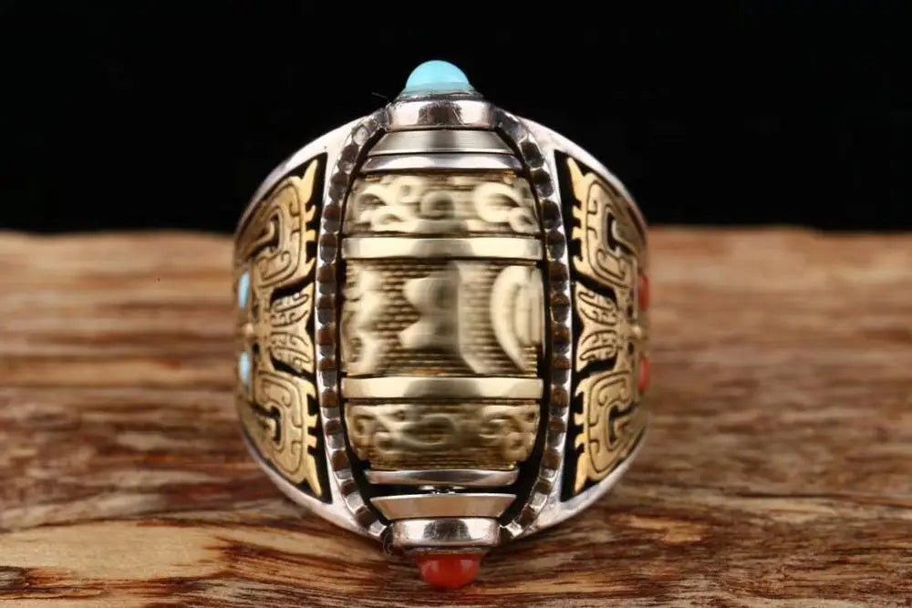 Sterling Silver Transit Ring S925 Men and Women Retro Style Dzi Bead Six Words Mantra Open Silver Ring