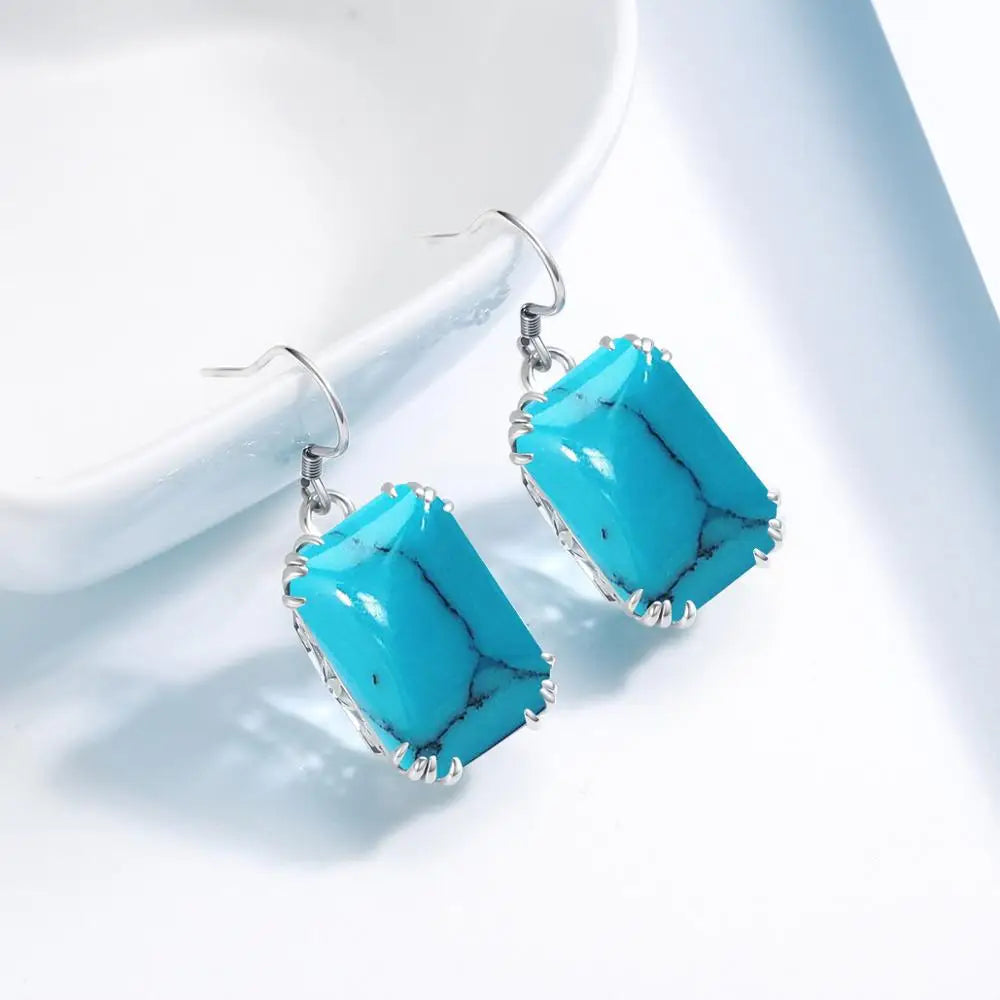 Bridal Jewelry Sets For Women Sterling Silver 925 Ring Earring Pendant Big Turquoise Gemstone Bohemian Jewelry Christmas Gift