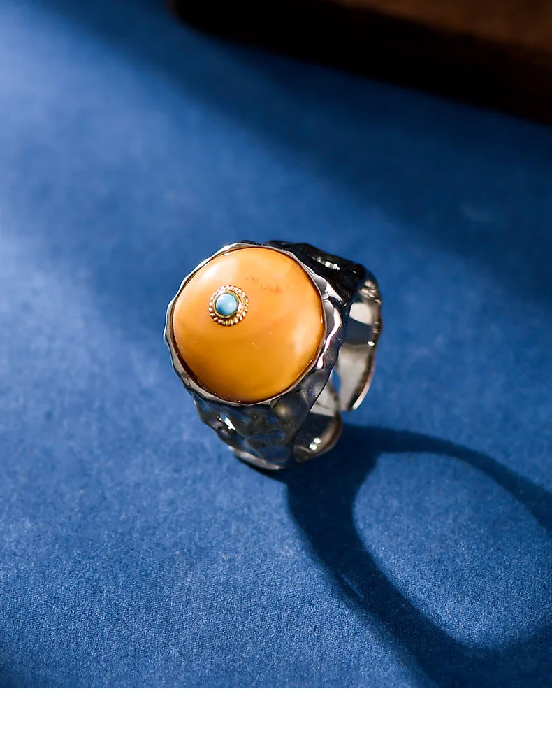 Uglyless Peace Button China Chic Amber Beeswax Rings for Women Luxury Big Gemstone Ring Hollow Wide 925 Silver Turquoise Jewelry