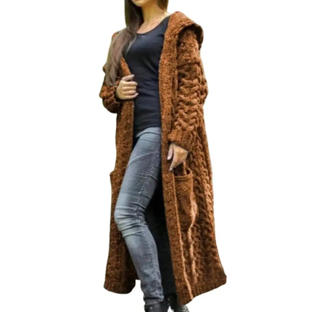 Women Sweater Jacket with Pockets Mid Length Hooded Knitted Twisted Texture Cardigan Solid Color Long Sleeve Thick Outerwear