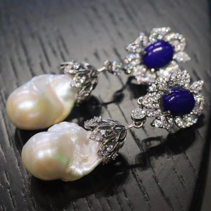 CSJ Natural Freshwater Baroque Pearl Earrings Sterling 925 Silver Lapis Turquoise Handmade Jewelry for Women Party Birthday Gift