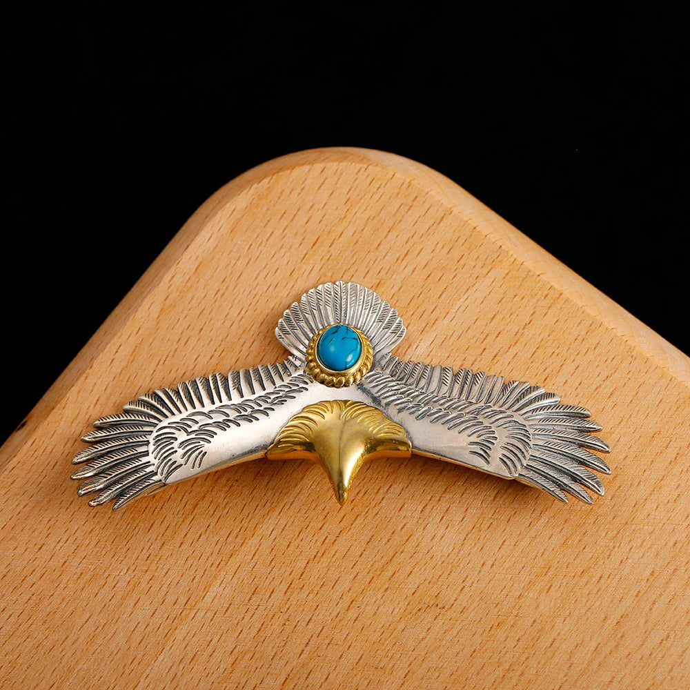 S925 Sterling Silver Jewelry Thai Silver Handmade Turquoise Gold Head Eagle Fashion Pendant For Men GOP002