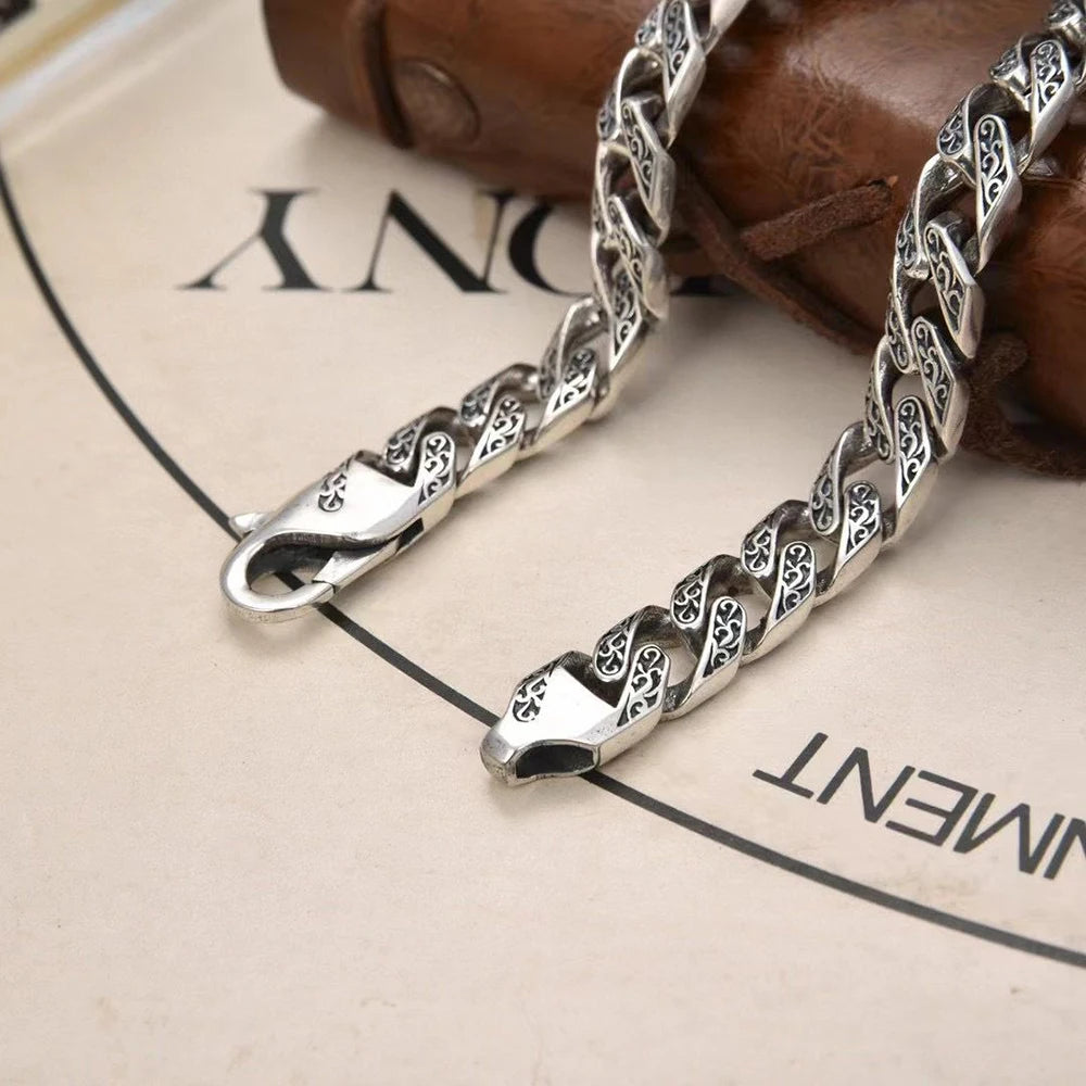 S925 Sterling Silver Vintage Bracelet for Men Tang Grass Pattern Sapphire Bracelet Male Fashion Party Hegemony Jewelry Gift