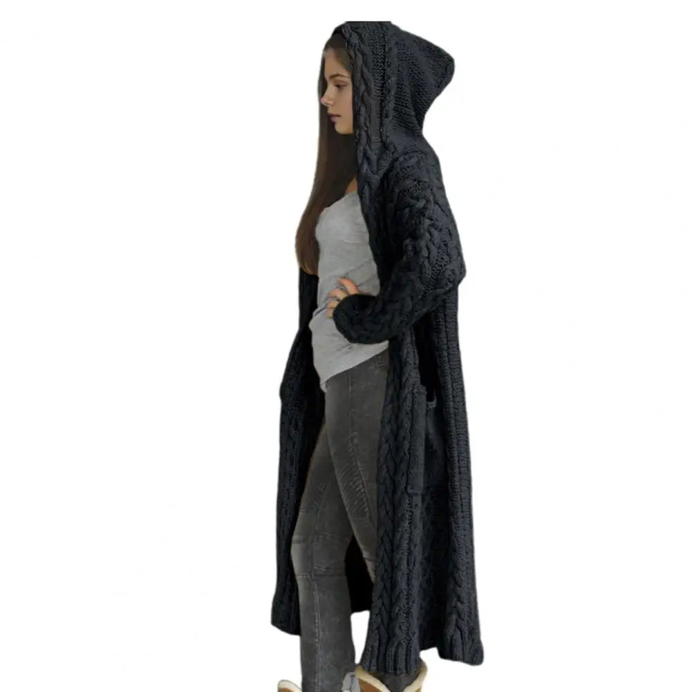 Women Sweater Jacket with Pockets Mid Length Hooded Knitted Twisted Texture Cardigan Solid Color Long Sleeve Thick Outerwear