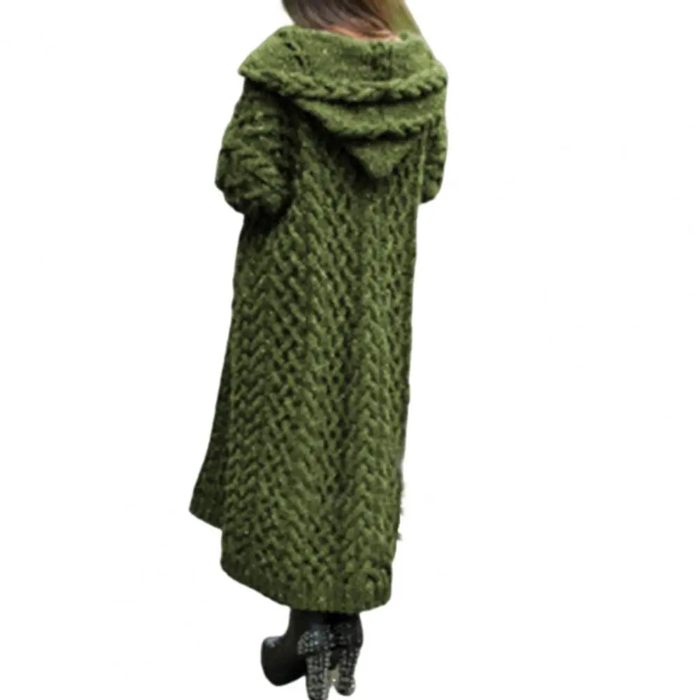 Women Sweater Jacket with Pockets Mid Length Hooded Knitted Twisted Texture Cardigan Solid Color Long Sleeve Thick Outerwear