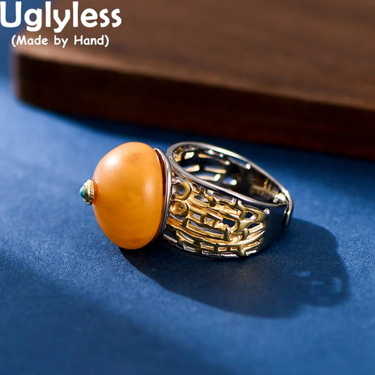 Uglyless Peace Button China Chic Amber Beeswax Rings for Women Luxury Big Gemstone Ring Hollow Wide 925 Silver Turquoise Jewelry