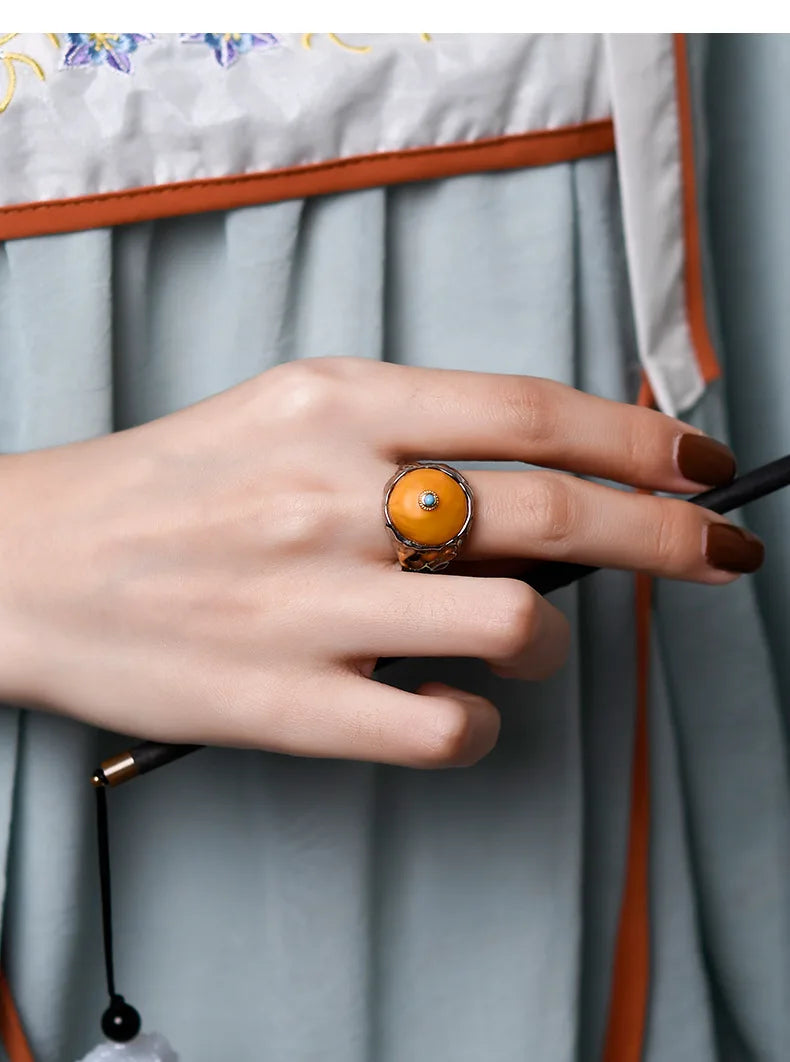 Uglyless Peace Button China Chic Amber Beeswax Rings for Women Luxury Big Gemstone Ring Hollow Wide 925 Silver Turquoise Jewelry