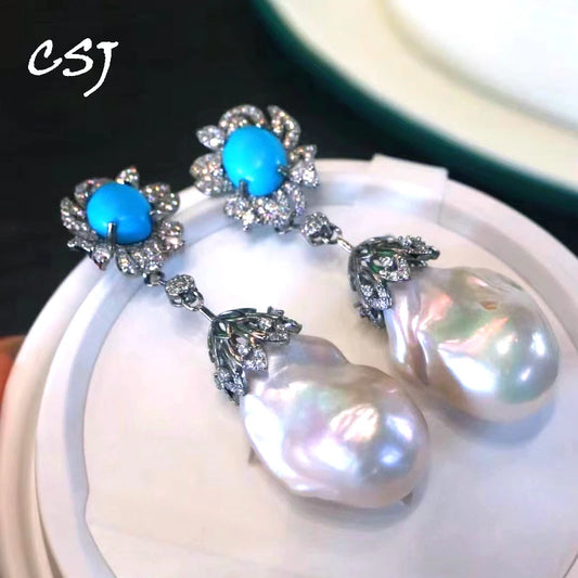 CSJ Natural Freshwater Baroque Pearl Earrings Sterling 925 Silver Lapis Turquoise Handmade Jewelry for Women Party Birthday Gift