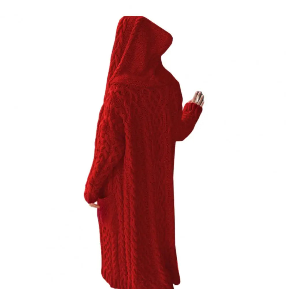 Women Sweater Jacket with Pockets Mid Length Hooded Knitted Twisted Texture Cardigan Solid Color Long Sleeve Thick Outerwear
