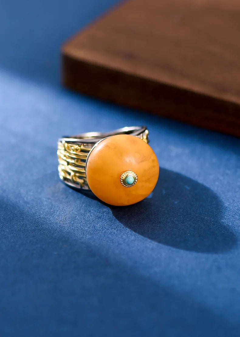 Uglyless Peace Button China Chic Amber Beeswax Rings for Women Luxury Big Gemstone Ring Hollow Wide 925 Silver Turquoise Jewelry