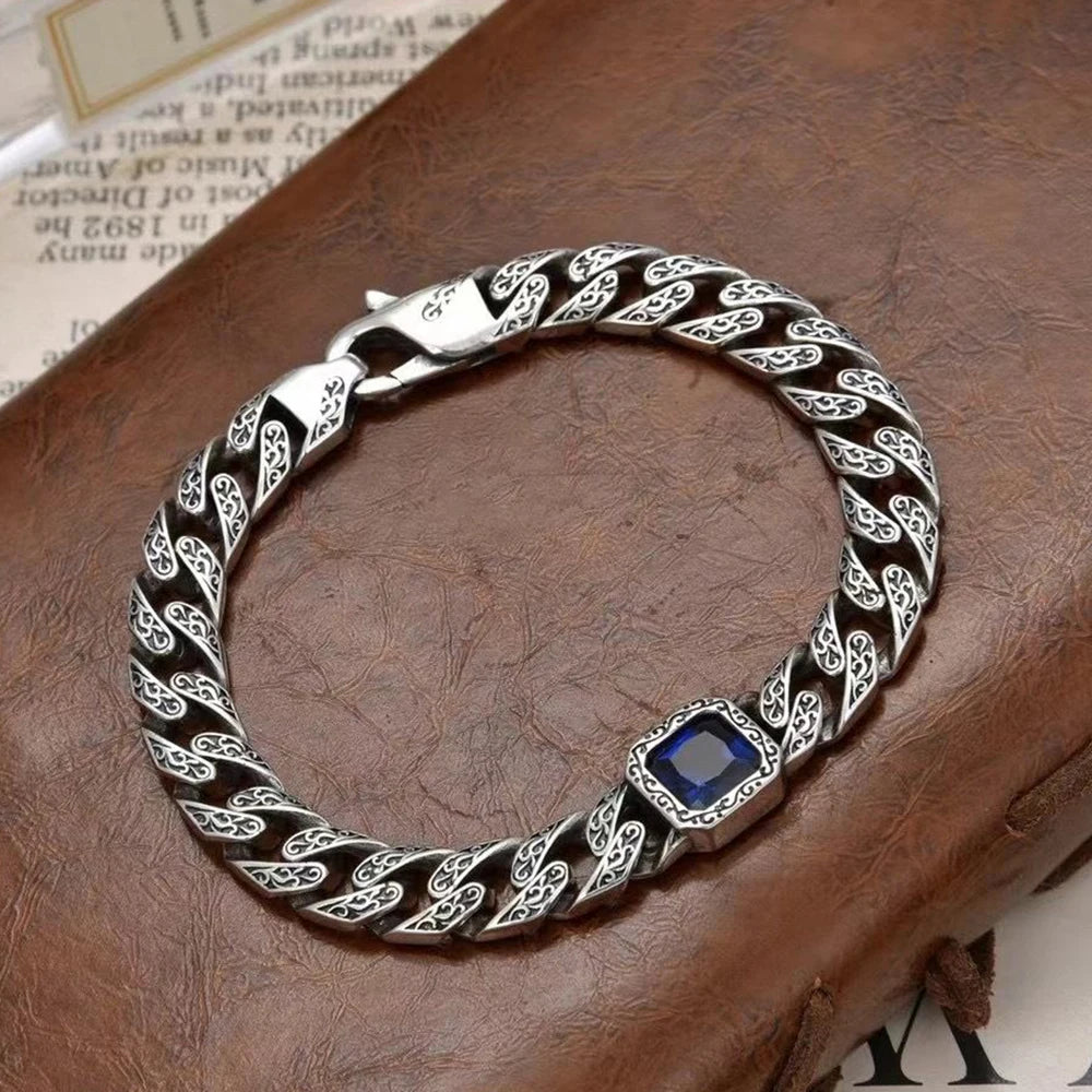 S925 Sterling Silver Vintage Bracelet for Men Tang Grass Pattern Sapphire Bracelet Male Fashion Party Hegemony Jewelry Gift