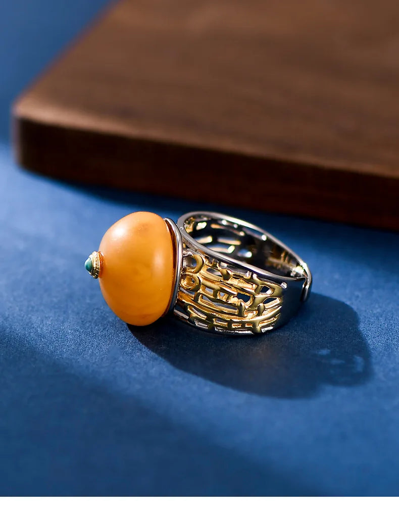 Uglyless Peace Button China Chic Amber Beeswax Rings for Women Luxury Big Gemstone Ring Hollow Wide 925 Silver Turquoise Jewelry