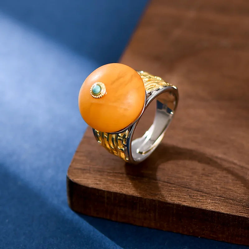 Uglyless Peace Button China Chic Amber Beeswax Rings for Women Luxury Big Gemstone Ring Hollow Wide 925 Silver Turquoise Jewelry