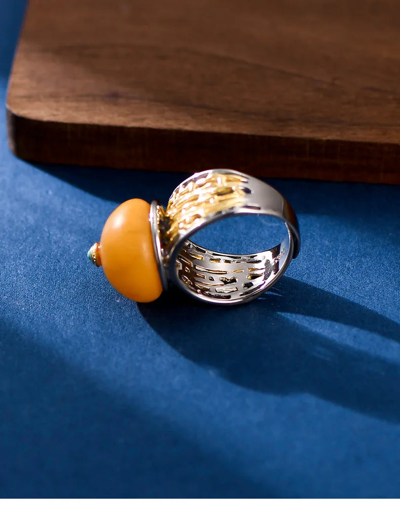 Uglyless Peace Button China Chic Amber Beeswax Rings for Women Luxury Big Gemstone Ring Hollow Wide 925 Silver Turquoise Jewelry