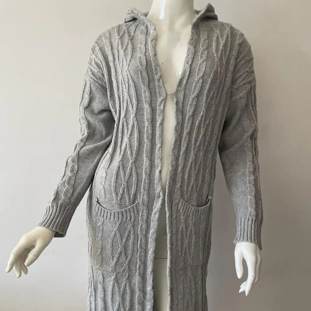 Women Sweater Jacket with Pockets Mid Length Hooded Knitted Twisted Texture Cardigan Solid Color Long Sleeve Thick Outerwear
