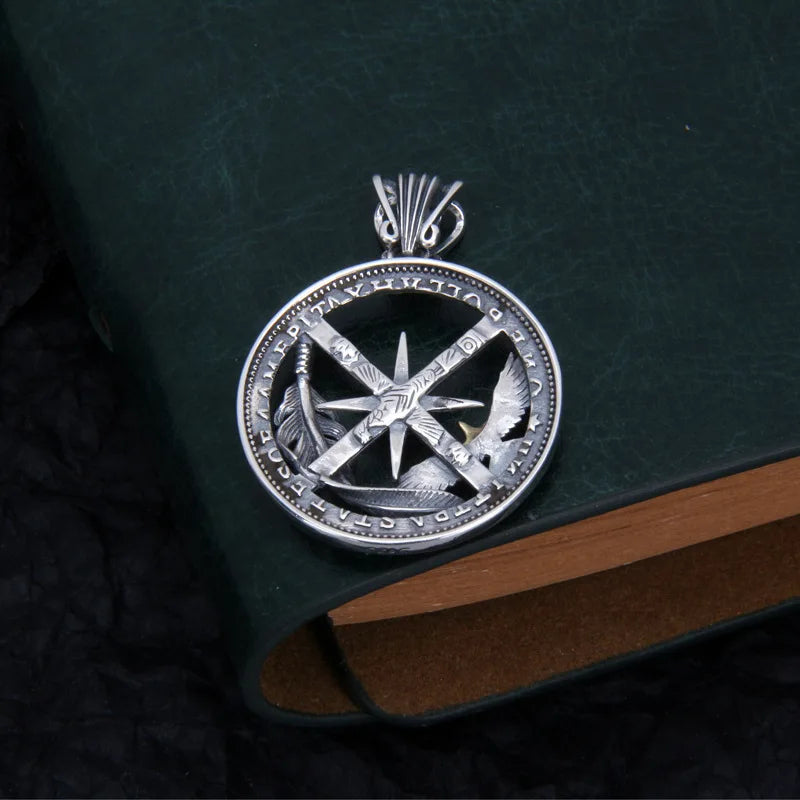 S925 Sterling Silver Charms Pendants for Men Women Retro Emboss Six-Pointed Star Flying Eagle Feather Fashion Jewelry Wholesale