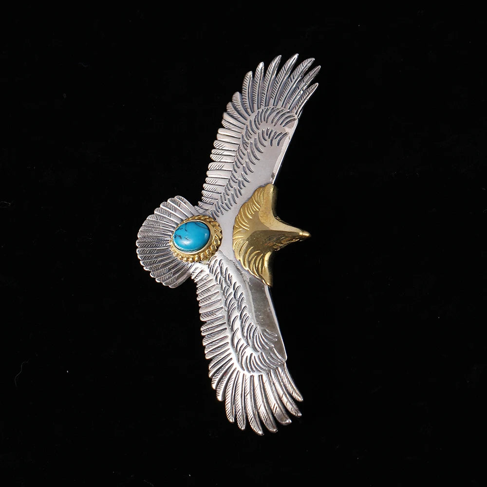S925 Sterling Silver Jewelry Thai Silver Handmade Turquoise Gold Head Eagle Fashion Pendant For Men GOP002