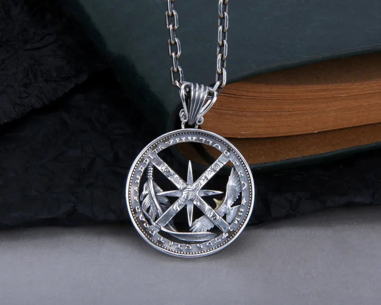 S925 Sterling Silver Charms Pendants for Men Women Retro Emboss Six-Pointed Star Flying Eagle Feather Fashion Jewelry Wholesale