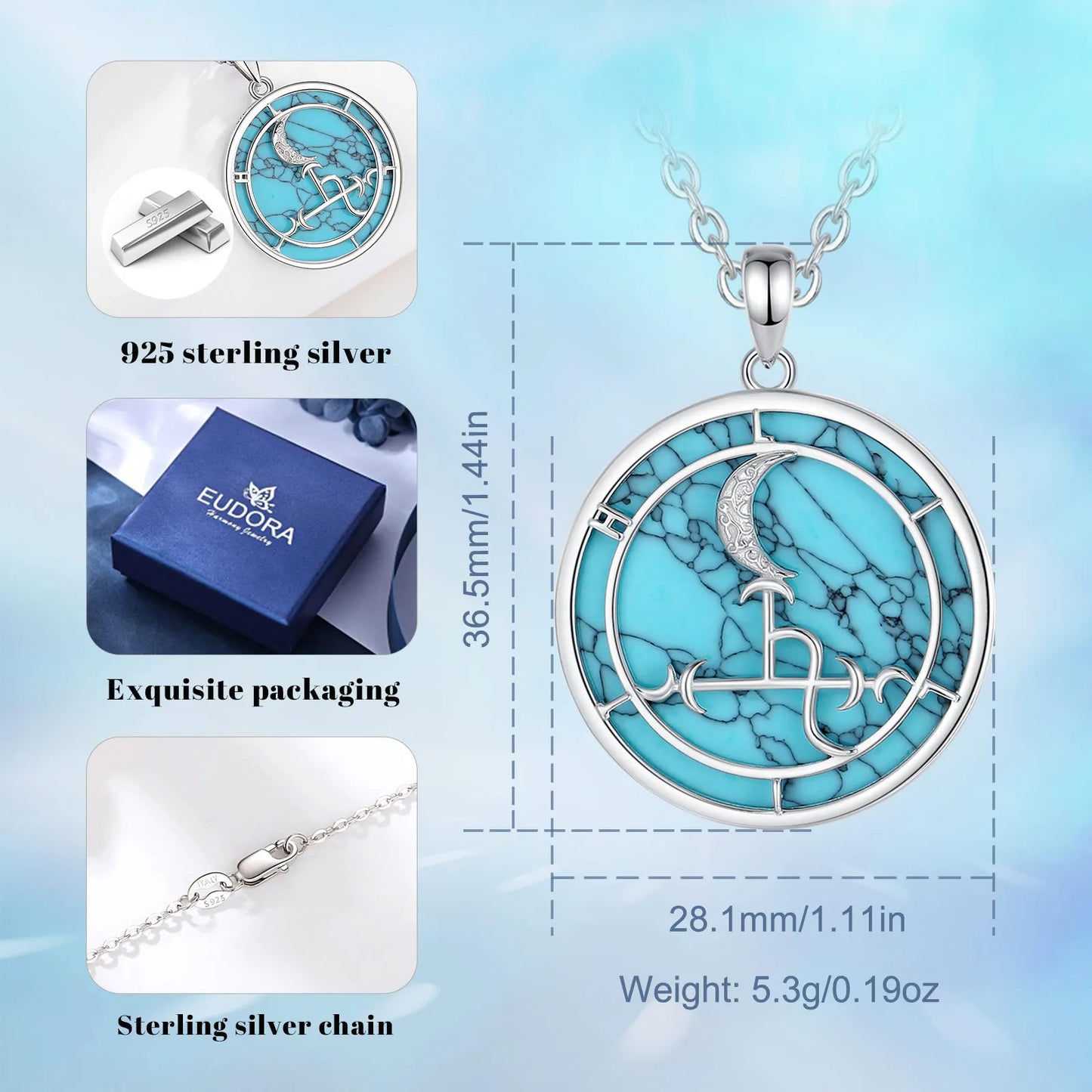 Eudora 925 Sterling Silver Lilith Moon Necklace for Women Man Turquoise Demon Lilith Sigil Amulet Pendant Personality Jewelry