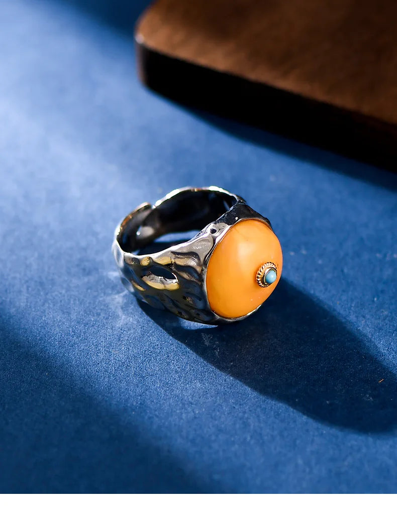 Uglyless Peace Button China Chic Amber Beeswax Rings for Women Luxury Big Gemstone Ring Hollow Wide 925 Silver Turquoise Jewelry