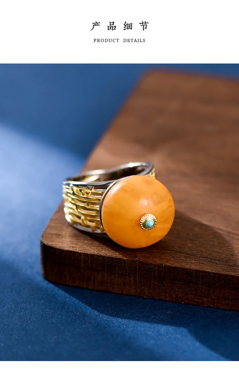 Uglyless Peace Button China Chic Amber Beeswax Rings for Women Luxury Big Gemstone Ring Hollow Wide 925 Silver Turquoise Jewelry