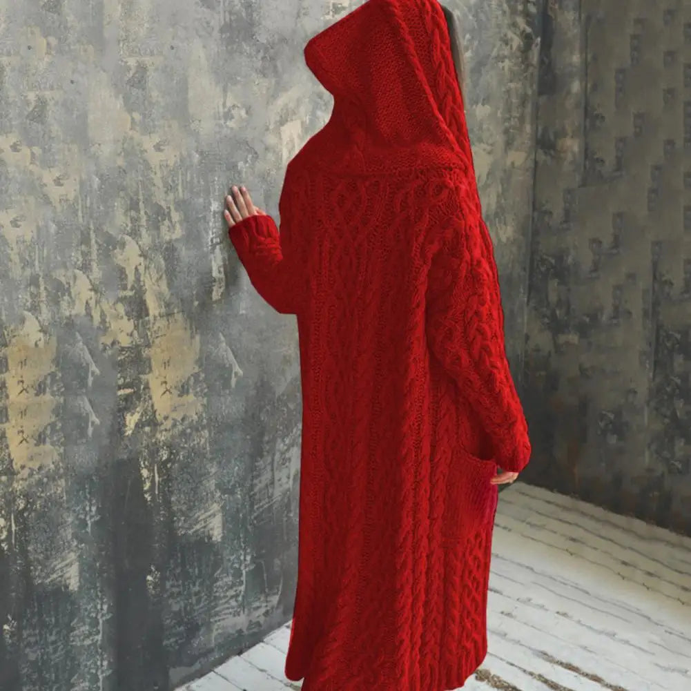 Women Sweater Jacket with Pockets Mid Length Hooded Knitted Twisted Texture Cardigan Solid Color Long Sleeve Thick Outerwear
