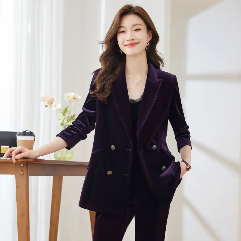 Fall Winter Office Ladies Velvet Purple Pant Suits Women 2023 New Korean Fashion Formal Blazer Jacket Trousers 2 Piece Set