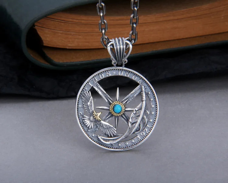 S925 Sterling Silver Charms Pendants for Men Women Retro Emboss Six-Pointed Star Flying Eagle Feather Fashion Jewelry Wholesale