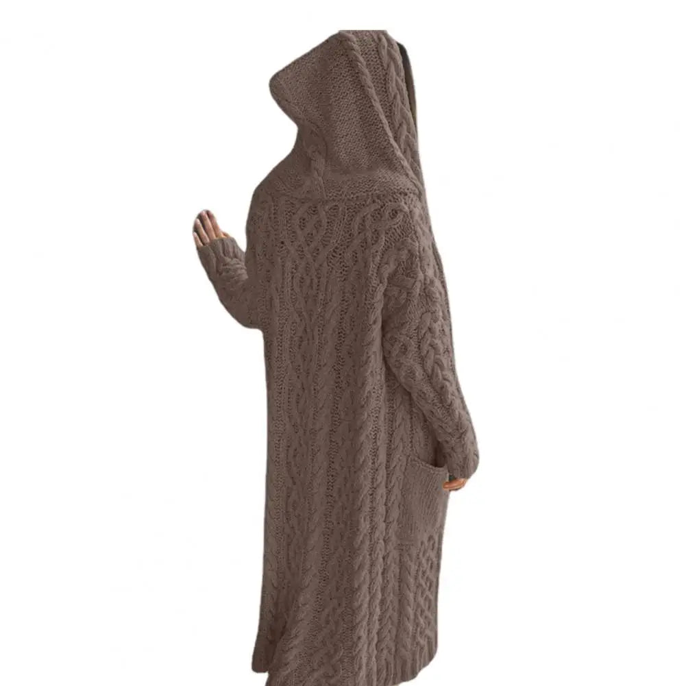 Women Sweater Jacket with Pockets Mid Length Hooded Knitted Twisted Texture Cardigan Solid Color Long Sleeve Thick Outerwear