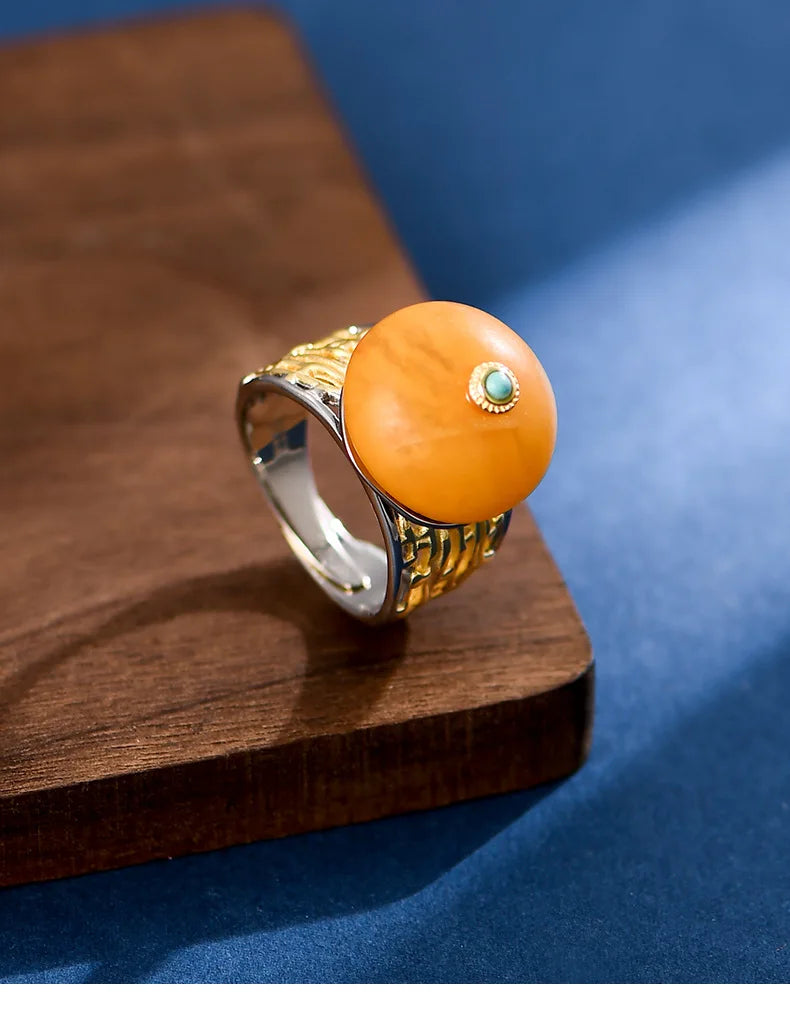 Uglyless Peace Button China Chic Amber Beeswax Rings for Women Luxury Big Gemstone Ring Hollow Wide 925 Silver Turquoise Jewelry