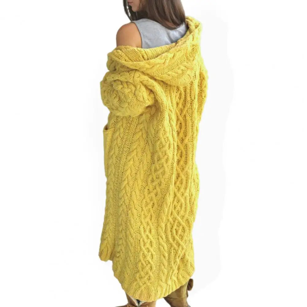 Women Sweater Jacket with Pockets Mid Length Hooded Knitted Twisted Texture Cardigan Solid Color Long Sleeve Thick Outerwear