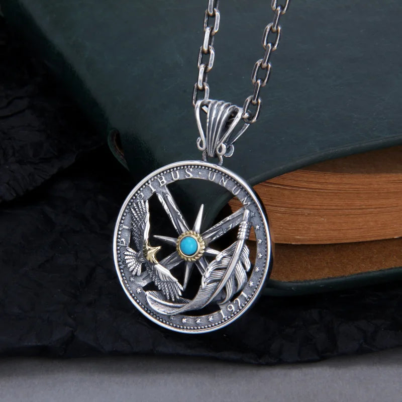 S925 Sterling Silver Charms Pendants for Men Women Retro Emboss Six-Pointed Star Flying Eagle Feather Fashion Jewelry Wholesale