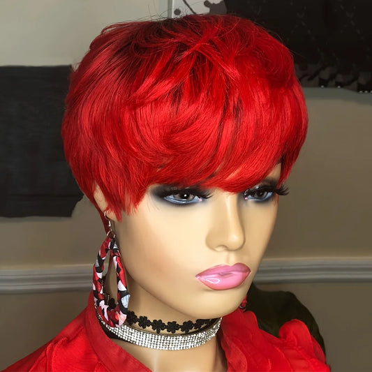 Omber Red Pixie Cut Human hair Wigs