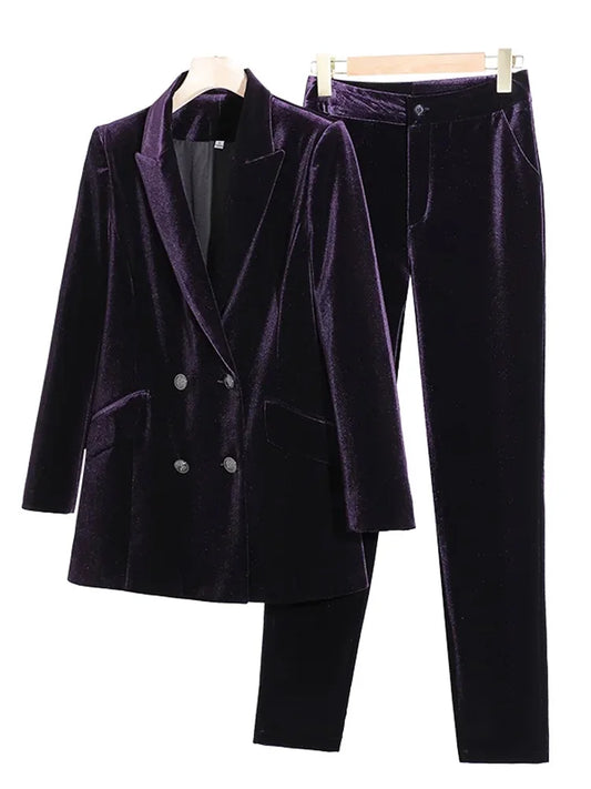 Fall Winter Office Ladies Velvet Purple Pant Suits Women 2023 New Korean Fashion Formal Blazer Jacket Trousers 2 Piece Set