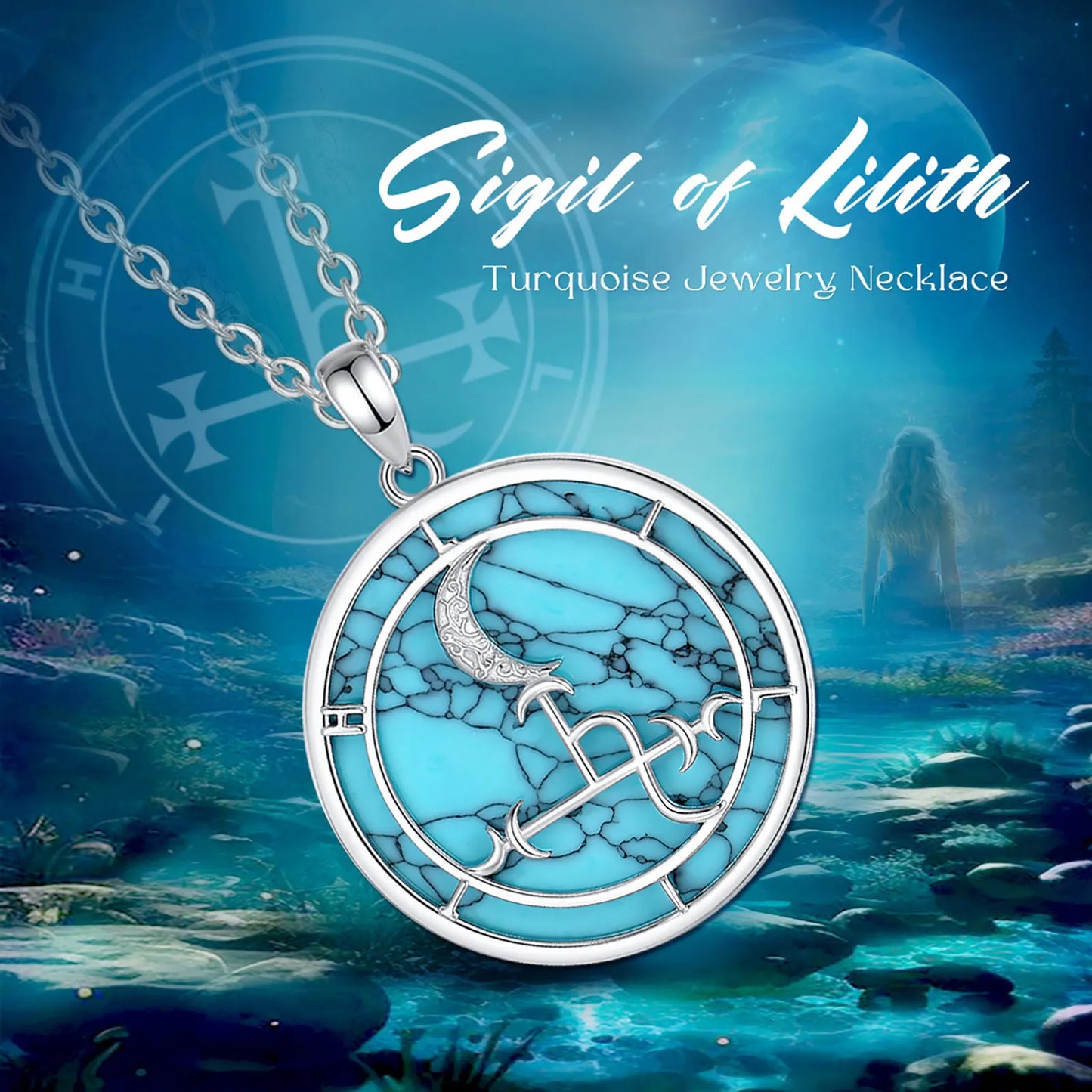 Eudora 925 Sterling Silver Lilith Moon Necklace for Women Man Turquoise Demon Lilith Sigil Amulet Pendant Personality Jewelry