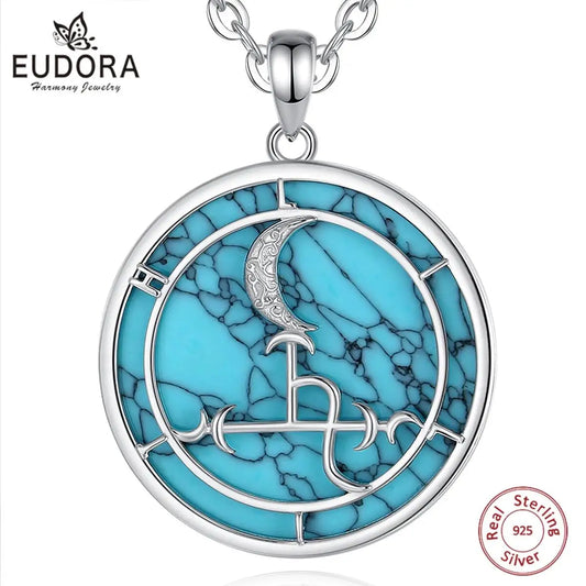 Eudora 925 Sterling Silver Lilith Moon Necklace for Women Man Turquoise Demon Lilith Sigil Amulet Pendant Personality Jewelry