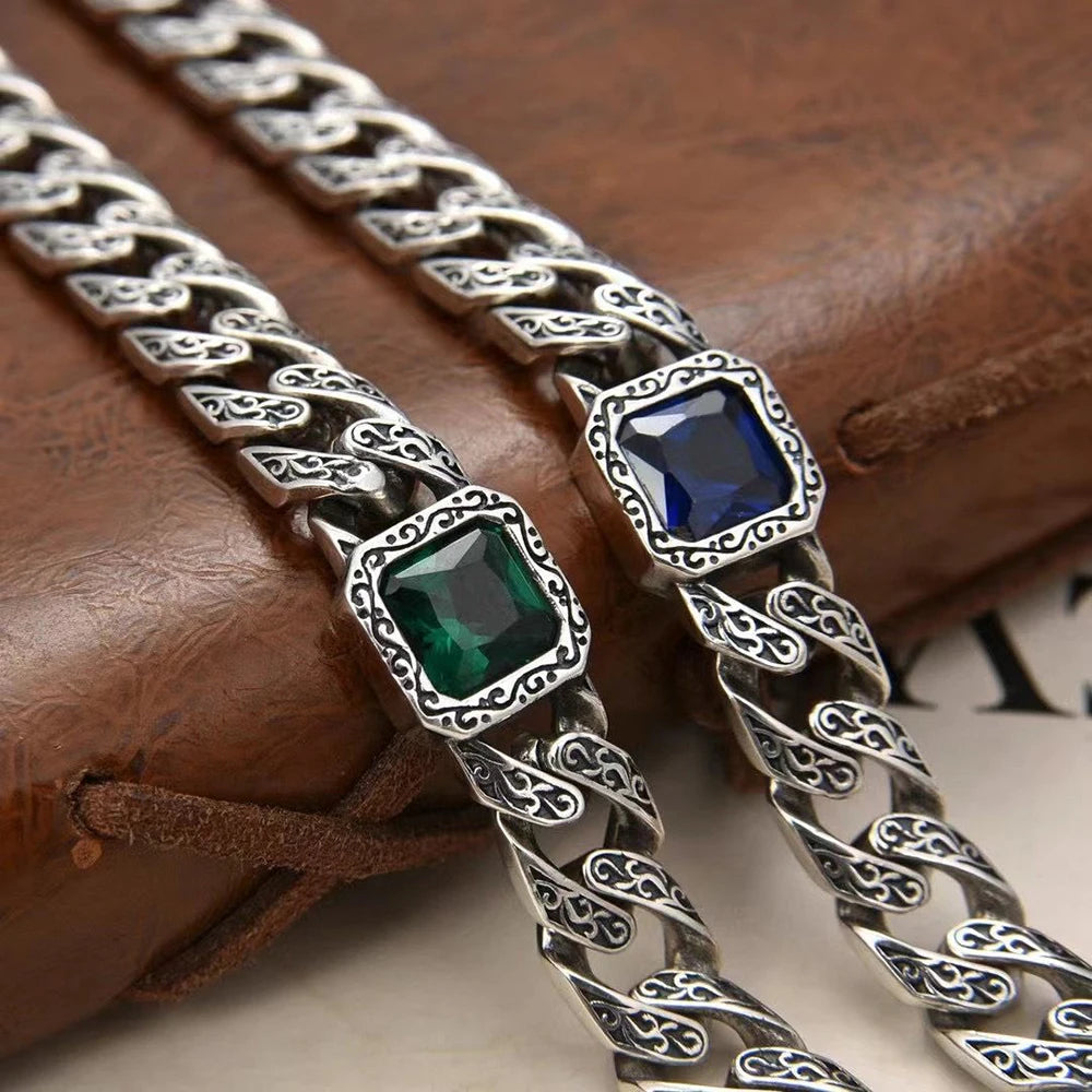 S925 Sterling Silver Vintage Bracelet for Men Tang Grass Pattern Sapphire Bracelet Male Fashion Party Hegemony Jewelry Gift