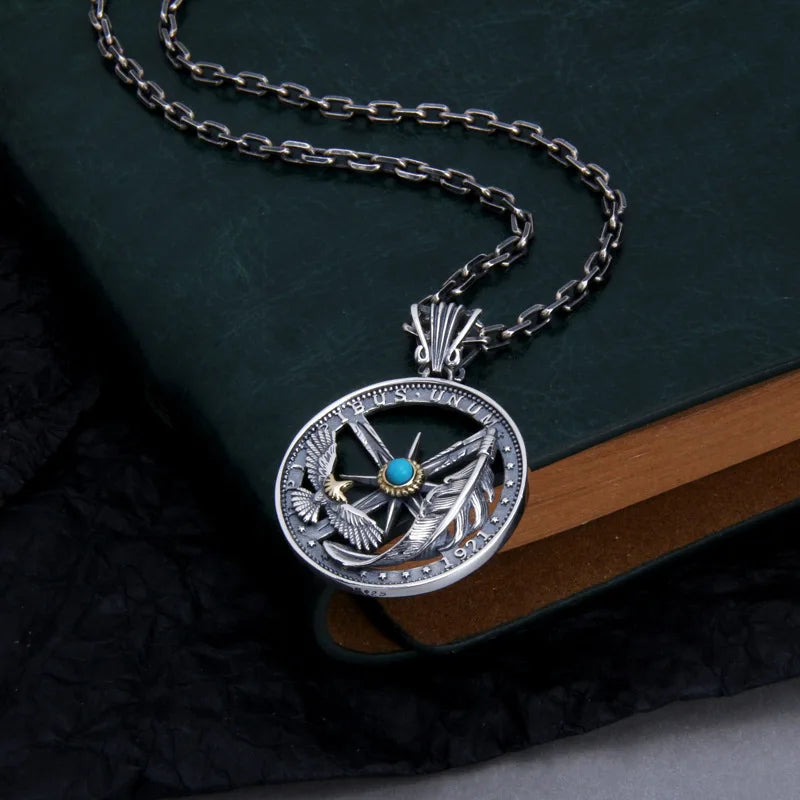 S925 Sterling Silver Charms Pendants for Men Women Retro Emboss Six-Pointed Star Flying Eagle Feather Fashion Jewelry Wholesale