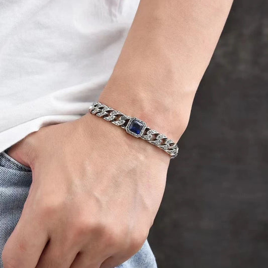 S925 Sterling Silver Vintage Bracelet for Men Tang Grass Pattern Sapphire Bracelet Male Fashion Party Hegemony Jewelry Gift