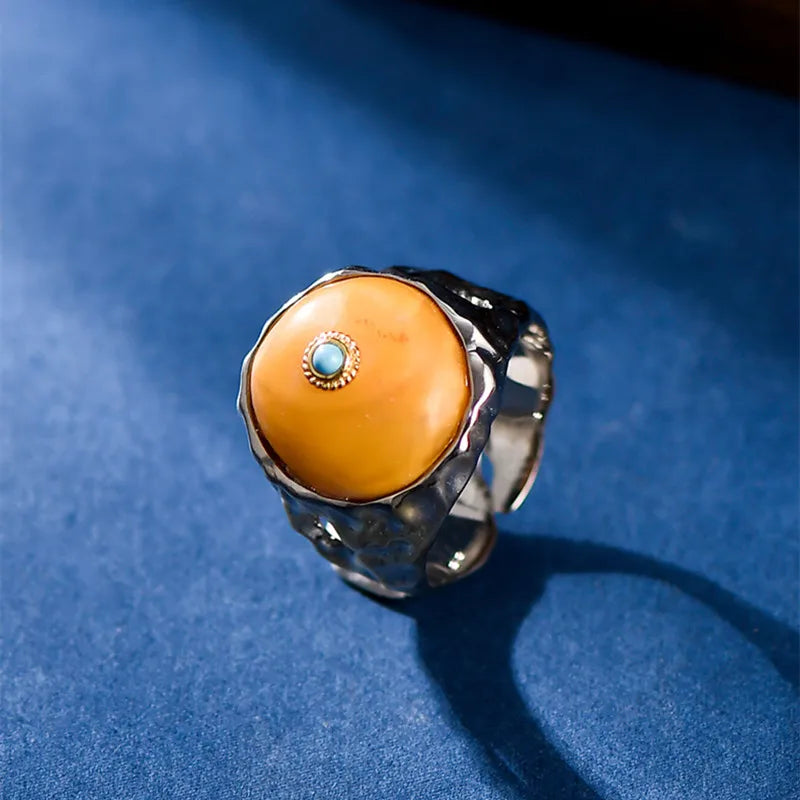 Uglyless Peace Button China Chic Amber Beeswax Rings for Women Luxury Big Gemstone Ring Hollow Wide 925 Silver Turquoise Jewelry
