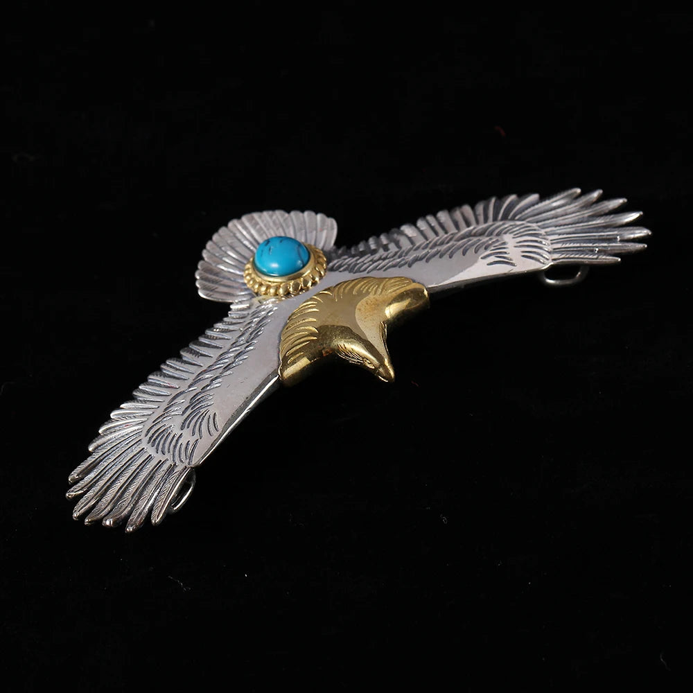 S925 Sterling Silver Jewelry Thai Silver Handmade Turquoise Gold Head Eagle Fashion Pendant For Men GOP002
