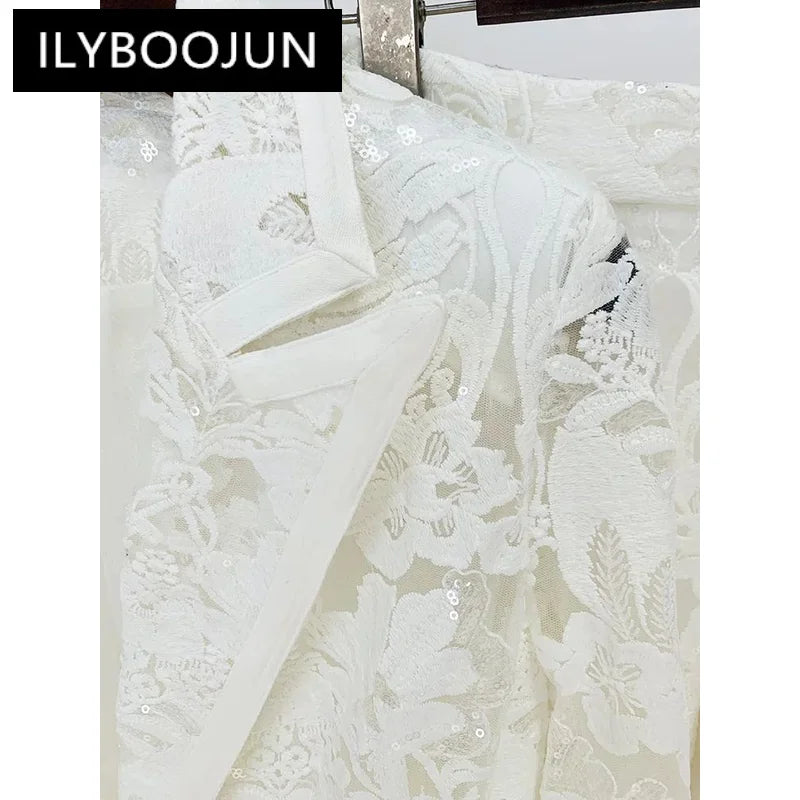 Handmade Mesh Embroidered Sequin Set White New Designer Sequin Suit Coat And Pants Set Two Pieces Blazer Pants Punk Suit