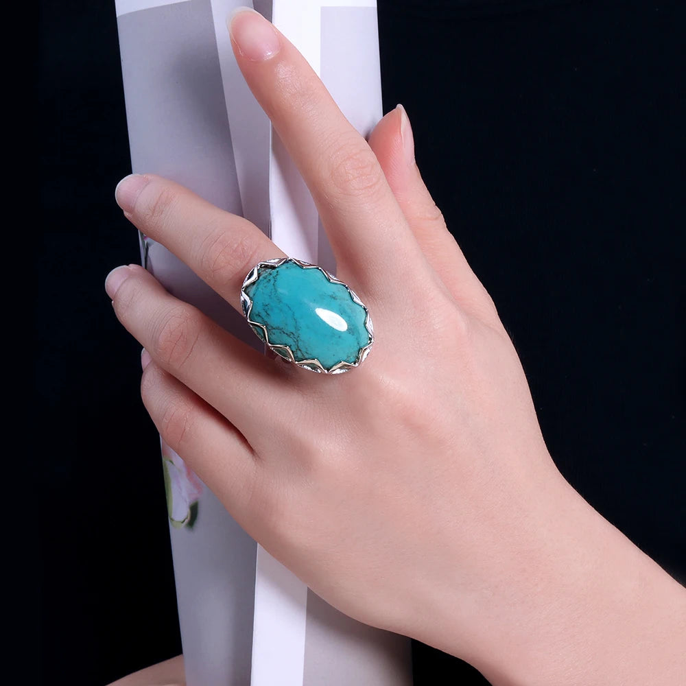 Luxury Large Gem Natural turquoise Oval 20* 30mm Ring 925 Sterling Silver Fine Jewelry Women's Anniversary Banquet Party