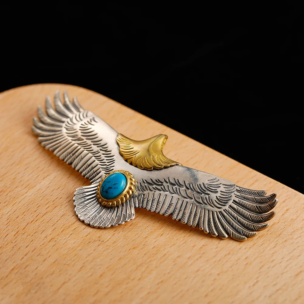 S925 Sterling Silver Jewelry Thai Silver Handmade Turquoise Gold Head Eagle Fashion Pendant For Men GOP002